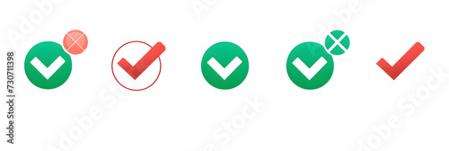 Green check mark, red cross mark icon set. Isolated tick symbols, checklist signs, approval badge. Flat and modern checkmark design, vector illustration. photo