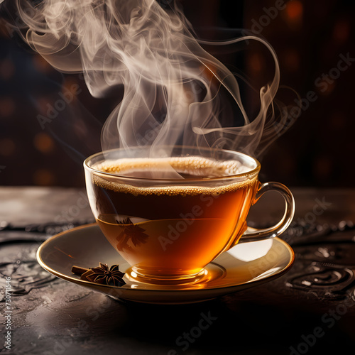 A close-up of a cup of steaming hot tea.