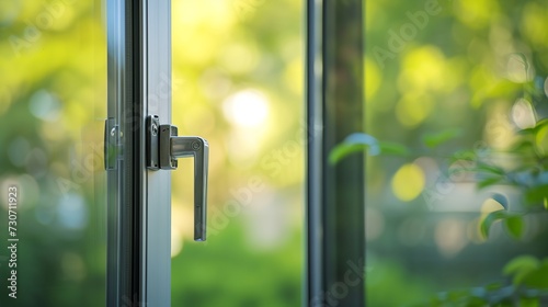 Aluminum window detail. Metal door frame open closeup view. Energy efficient, safety profile, blur green outdoor background photo