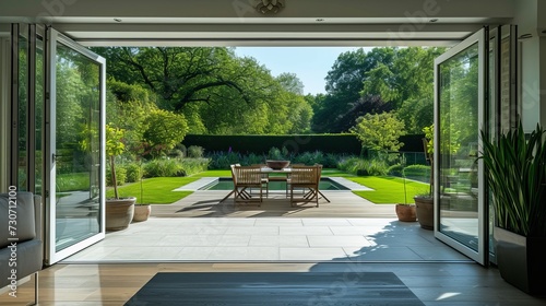 A beautiful garden and patio in summer are seen from a stylish designer room through bifold doors. photo