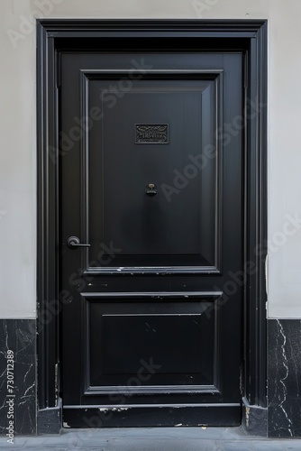 A black metal door is isolated on a white background. The front door to an apartment or house.