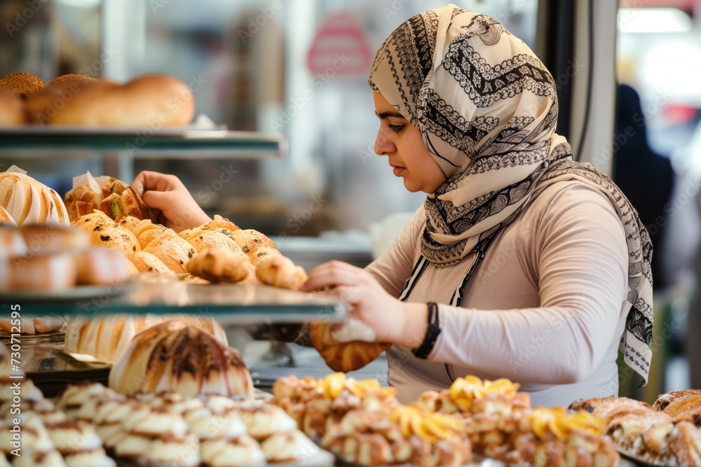 arab woman baker in a headscarf selling pastries at a bakery shop arab woman baker in a headscarf selling pastries at a bakery shop