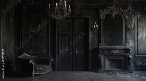 Black room in the castle with a vintage door, a chandelier, a sofa, amirror and fireplace. Space where you can mount a person.