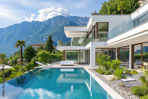 Exterior modern white villa with pool and garden, mountain view © Kien