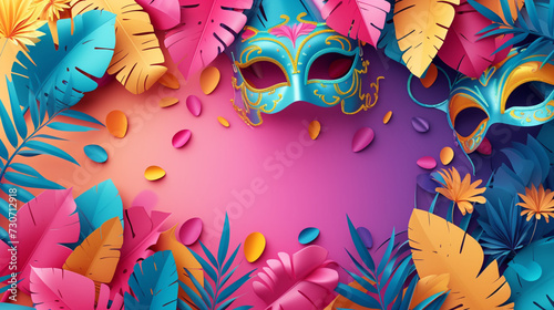 Colorful carnival mask and decoration wallpaper. Space for creative design mock up photo