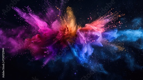 Vibrant burst  Colorful paint explosion ignites against black backdrop. Dynamic abstract background sparks creativity. Explore the spectrum in this mesmerizing artwork.