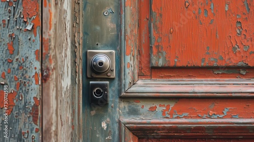detail of an entrance vintage door to a house with a doorbell with camera