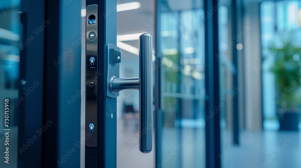 Door lock on door with fingerprint sensor, entrance to modern office and home - obrazy, fototapety, plakaty 