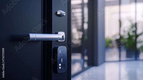 Door lock on door with fingerprint sensor, entrance to modern office and home
