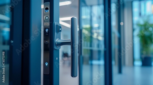 Door lock on door with fingerprint sensor, entrance to modern office and home photo