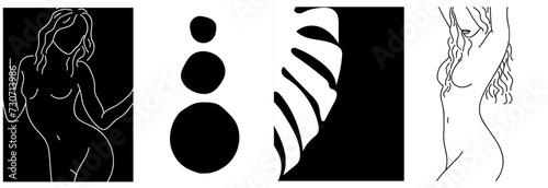 collection of simple modern posters with sexy linear silhouettes of naked girls, with monstera leaf and geometric shapes (circles) on black and white backgrounds