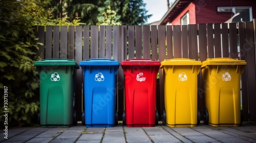 Multicolored containers for separate waste collection on a clean street and environmental safety