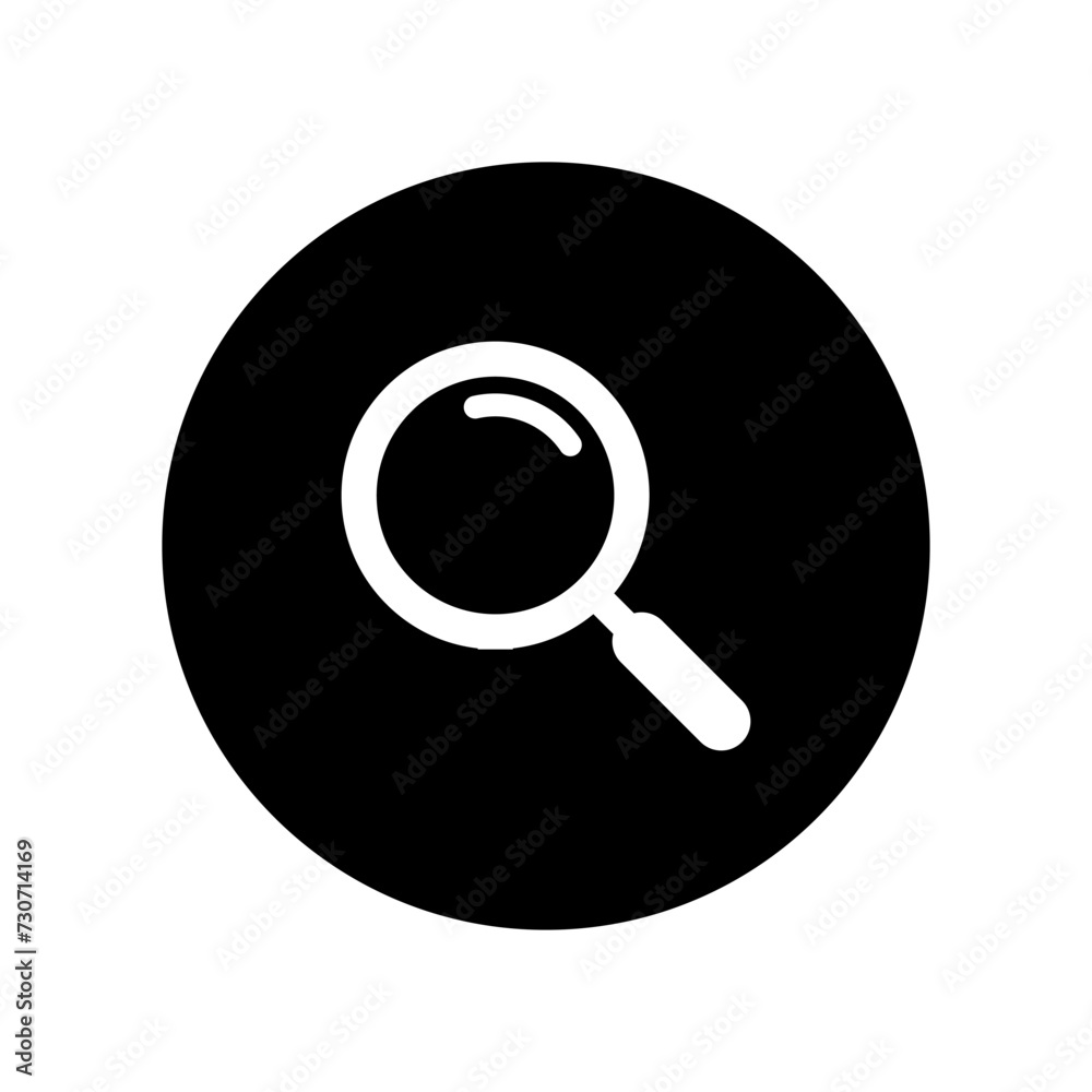 Search icon vector on black circle. Magnifying glass, magnifier sign symbol