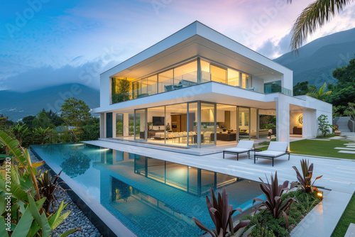 Exterior modern white villa with pool and garden, mountain view at sunset © Kien