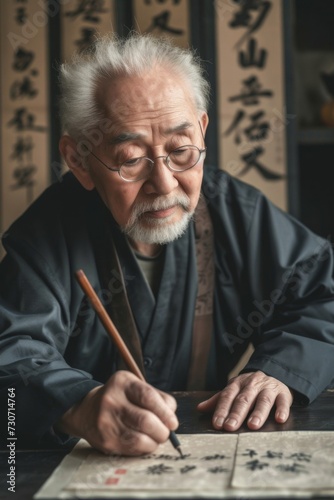 Peaceful image of an Asian elderly man doing calligraphy, emphasizing cultural traditions and mental focus.