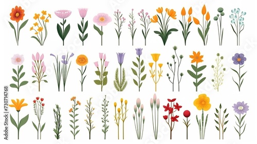 Botanical set of wildflowers plants. Colorful flat vector illustration , generative ai