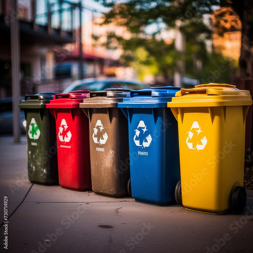 Rows of colorful trash cans