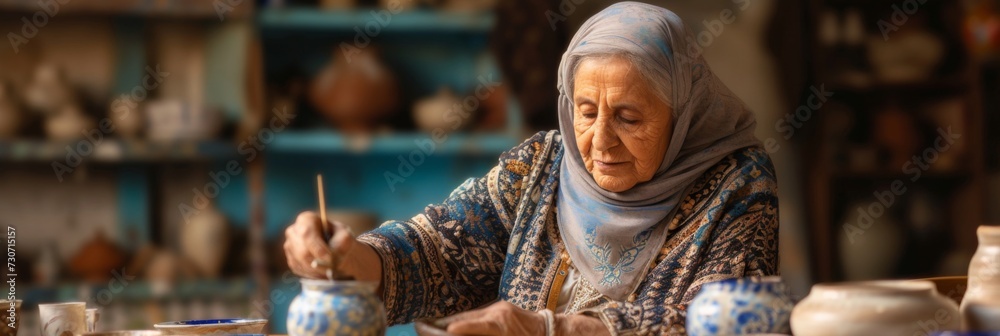 Serene image of a Middle Eastern elderly woman painting pottery, illustrating creativity and fine motor skills. - obrazy, fototapety, plakaty 
