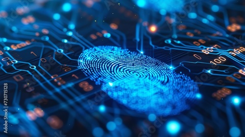A fingerprint scan provides security access with biometric identification. Business Technology Safety Internet Concept.  photo