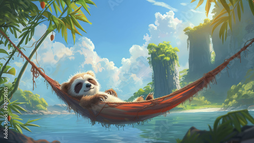 A cartoon sloth influencer shares leisurely travel vlogs as they relax in a hammock, gazing over a tropical paradise. photo