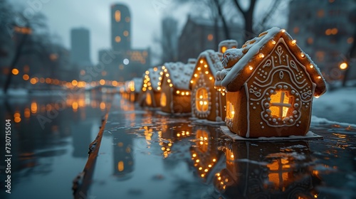 Gingerbread Houses in the City: A Festive Winter Wonderland Generative AI photo