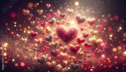 love and Valentine's Day festive background. Fantasy scene of glowing hearts floating with radiant light sparks and bokeh, creating an atmosphere of love, celebration, and Valentine's Day romance.