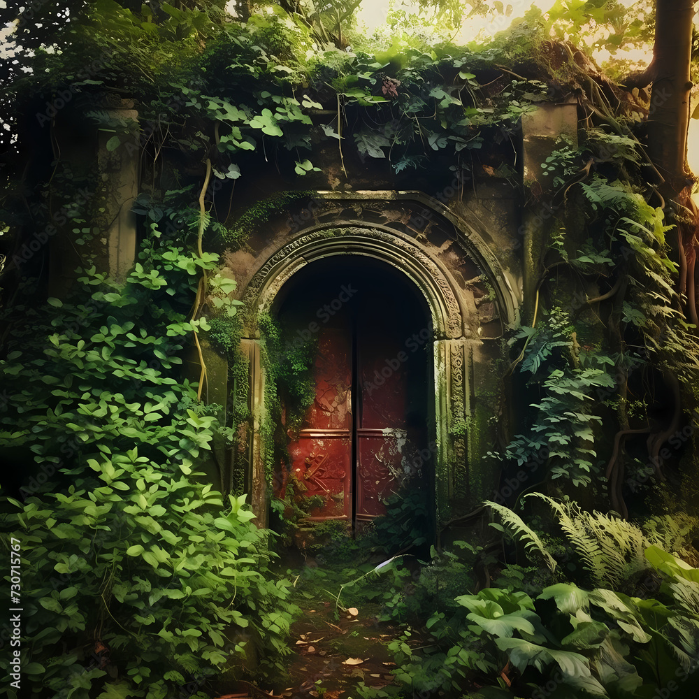 A mysterious doorway in a lush garden. 