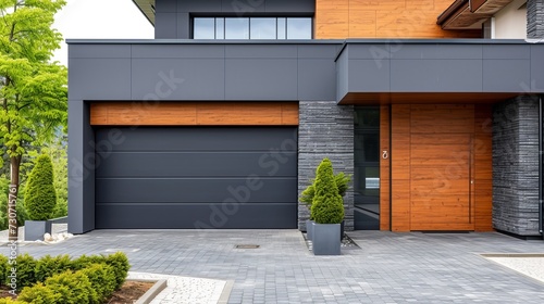 Modern garage entrance with sectional doors photo