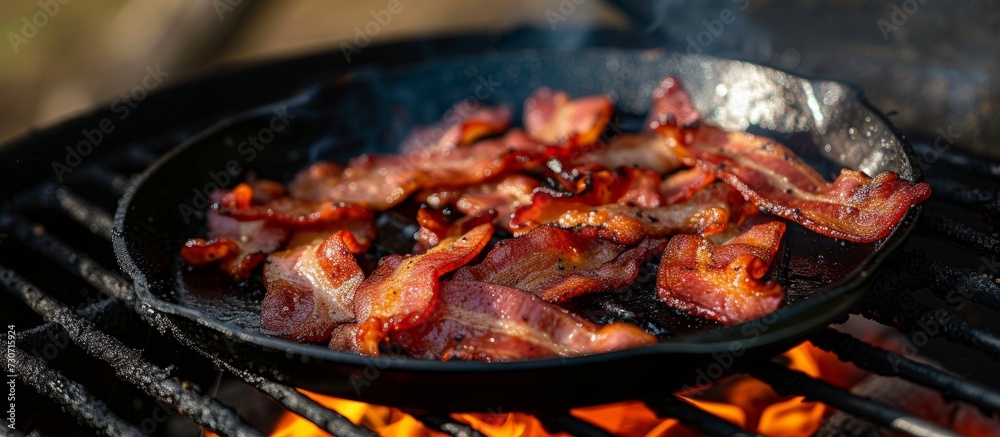 Grilling bacon in a pan on a BBQ grill.