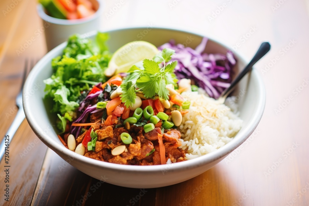 burrito bowl with rice, beans, and veggies, fork on the side burrito bowl with rice, beans, and veggies, fork on the side