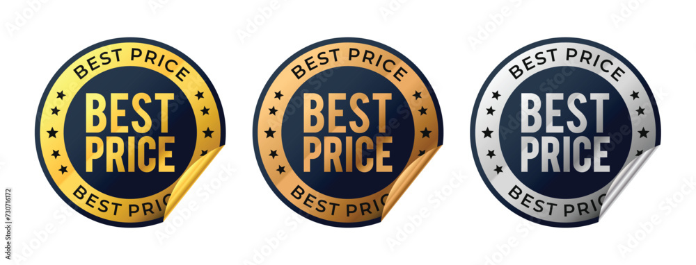 Best price vector badges with fold over. Luxury black gold, bronze, silver labels. For icon, logo, sign, seal, symbol, stamp, sticker. Vector illustration