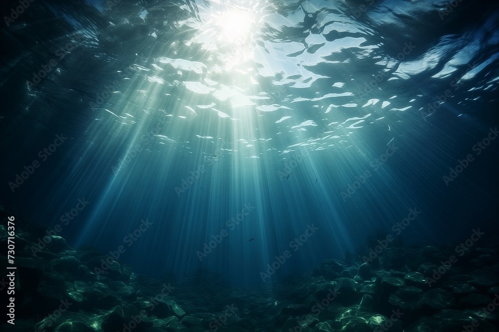 Underwater sea and deep abyss with blue sunlight