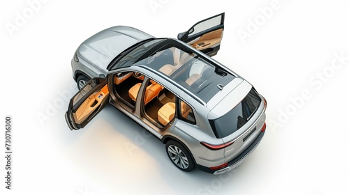 isolated simple and metallic SUV car with open doors from top view on a white background that is easily removable.