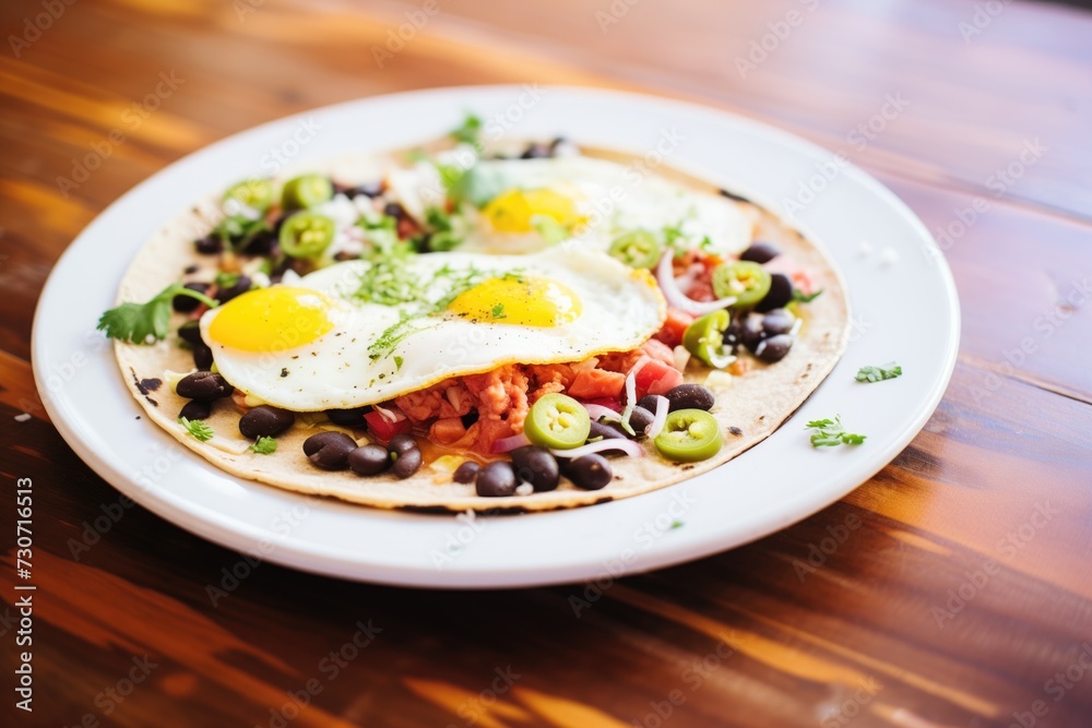 huevos rancheros on a plate with black beans and tortilla