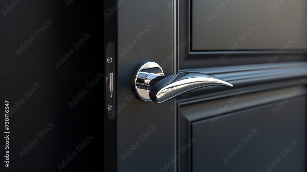 new clean stylish metal door handle on black doors  - obrazy, fototapety, plakaty 