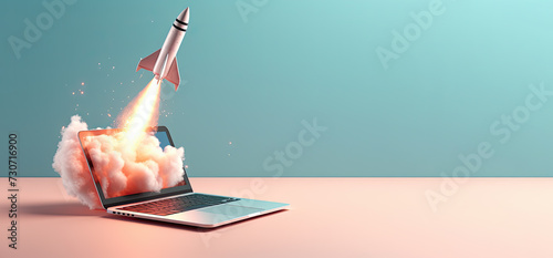 Rocket launch and taking off from laptop screen. Business Start up, Launching new product and service. start up launch new business project.