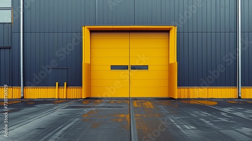 Opening yellow iron shutter door of garage and industrial building warehouse exterior facade with grey concrete road. photo