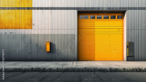 Opening yellow iron shutter door of garage and industrial building warehouse exterior facade with grey concrete road.