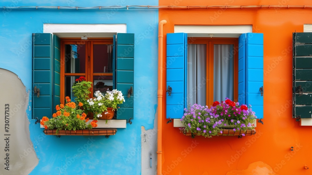 Windows with shutters and flowers on the blue and orange wall of houses on the famous island of Burano, Venice, Italy