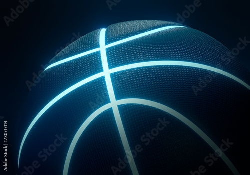 Blue basketball with bright glowing neon lines on black background © Retouch man