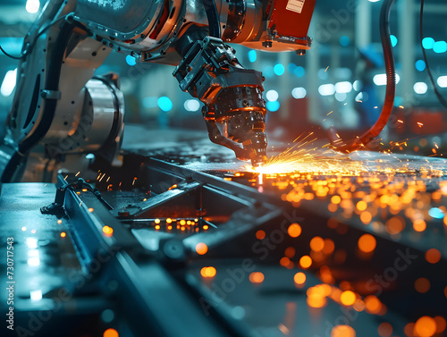 Close up of sparks fly out machine head for metal processing at the factory. Robotic production of automobile assembly parts in the welding department of an automobile manufacturing plant. Automotive  © Some