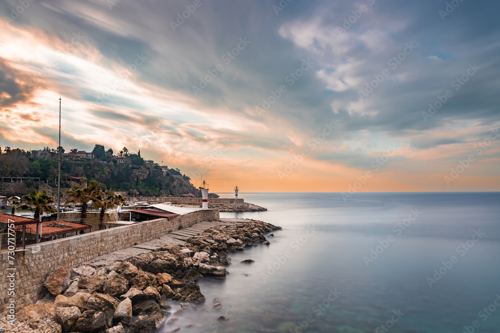 Naklejka premium Antalya Old Town marina entrance photographed at sunrise with long exposure technique