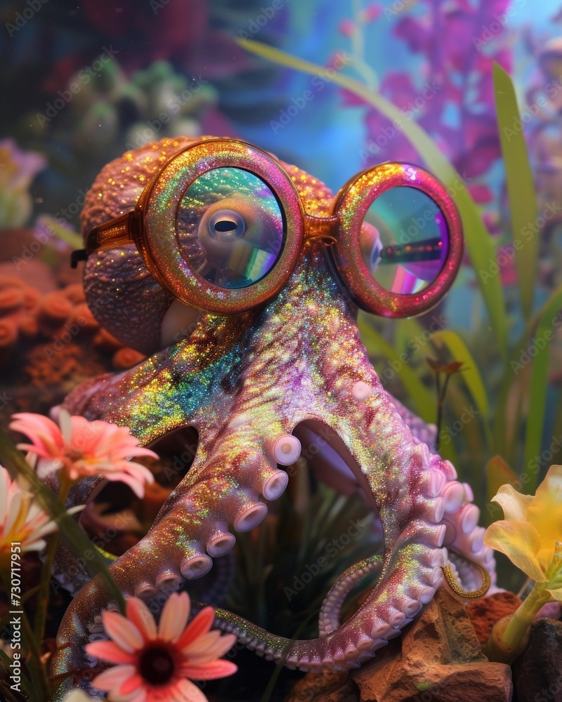 Artistic representation of an octopus wearing reflective glasses amidst artificial flora, creating an imaginative scene