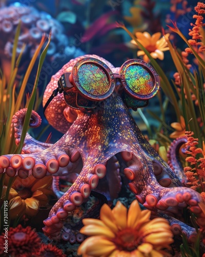 A vividly colored octopus with shimmering glasses is nestled among vibrant coral and flowers in a whimsical underwater scene