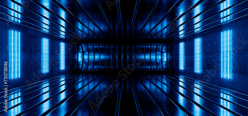 Fototapeta Naklejka Na Ścianę i Meble -  Metal garage with smoke, fog. Blue neon light. Futuristic, cool background for product presentation. Futuristic, empty garage. Iron tunnel. Gloss. Production hangar. Factory, plant. 3D render.