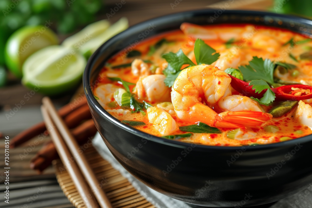 Showcasing Tom Yum Kung with Exotic Spices and Flavors. Promises an Adventurous Culinary Experience.