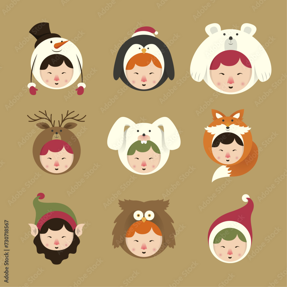 Fototapeta premium Cute Cartoon Characters Wearing Various Winter Hats