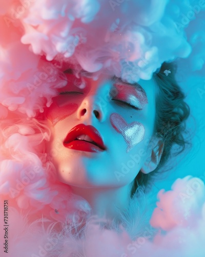 Artistic portrait of a young woman surrounded by smoke with colorful lighting and creative makeup