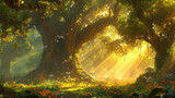Enchanted forest scenery with sunbeams and lush greenery. Fantasy and natureEscape.