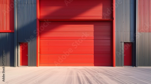 Shutter door or rolling door, red color, in new factory construction site 